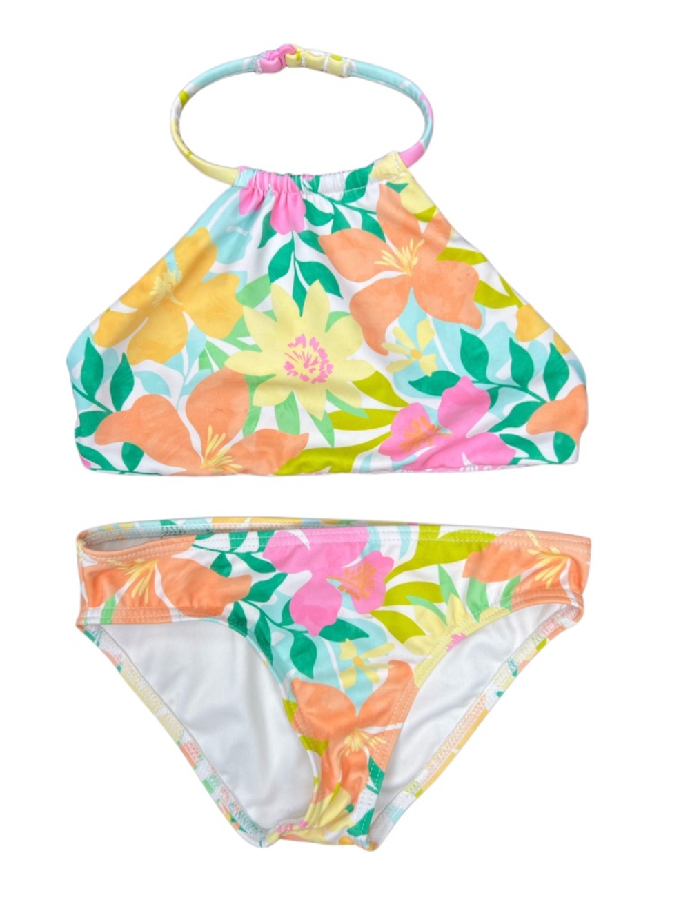 Billabong Girls Floral Bikini Set Size 7 Tropical Halter Swimsuit Pink Orange